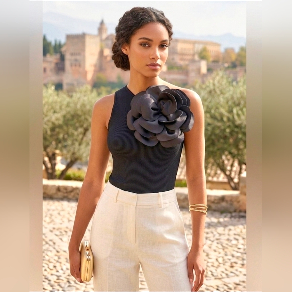 n de nube Black Ribbed One-Shoulder Top with 3D Flower Size Small X Small